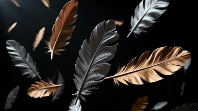 Abstract metallic feathers floating in zero gravity