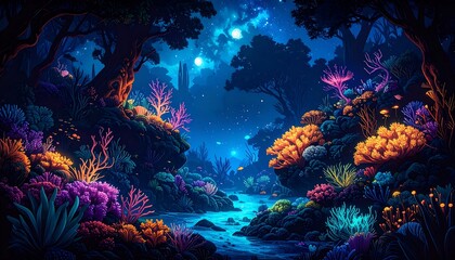 Naklejka premium Magical, vibrant underwater forest at night