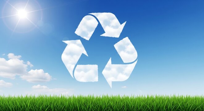 A sunny sky, green field, and a recycling symbol formed by fluffy white clouds.