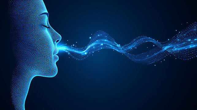 Digital wireframe human face emitting glowing blue wave of particles