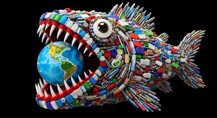 Fototapeta premium A monstrous fish, constructed from plastic waste, devours a miniature Earth, highlighting pollution's global impact.