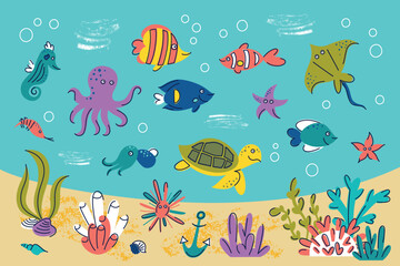 Flat cartoon vector illustration of underwater scene with marine life. Colorful coral reef, seaweed, fish and tropical animals. Children design element for education, decoration and ocean themes