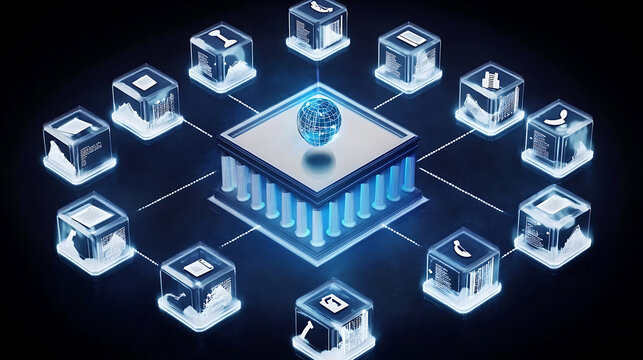Digital network diagram with central processing unit connected to multiple data nodes, illuminated in blue tones against dark background