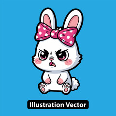 Irritated Cartoon Bunny Vector Illustration with Pink Bow on Blue Background