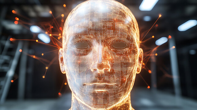 Digital human head with glowing neural network overlay in a high-tech environment