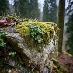 Mossy rock, verdant plants, and decaying leaf atop, set against a blurred background of a misty forest