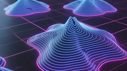 Futuristic 3D topographic map displays neon swirling contours, holographic mountain ranges, blending geology survey precision with vibrant abstract visualization aesthetics.