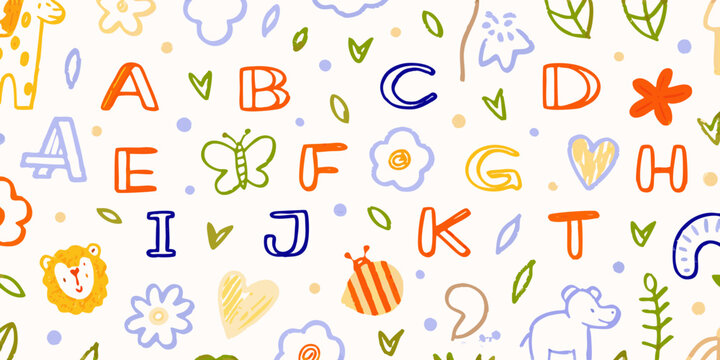 Cute hand drawn alphabet letters and animals seamless pattern for kids
