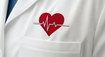 White Medical Coat with Red Heart and Electrocardiogram Embroidery Closeup