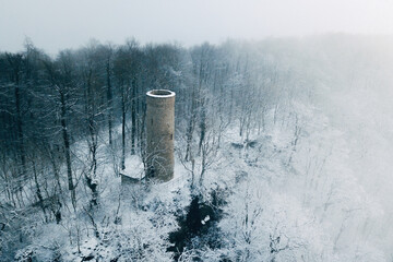 Fairy tale tower in a winter forest