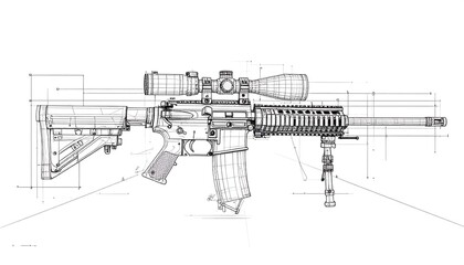 Detailed technical drawing of a rifle, featuring exploded view and construction lines