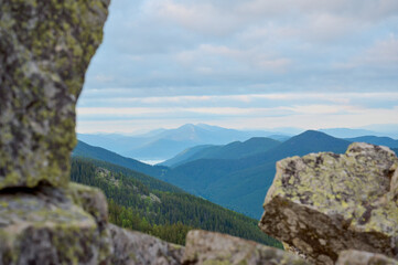 Rocky background in the mountains. Scenic view of the morning mountains. Carpathian vivid landscapes.