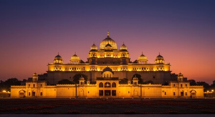 Fototapeta premium Ayodhya Festival of Lights banner background, palace glowing on festive gradient 
