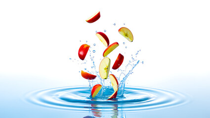 Red Apple Slices Splashing and Falling into Clean Blue Water with Ripples and Drops