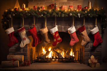 Christmas stockings hanging on the cozy holiday fireplace