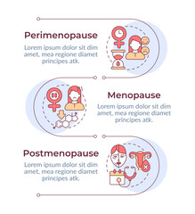 Stages of menopause infographic vertical sequence. Women health. Gynecological treatment. Visualization infochart with 3 steps. Circles workflow. Montserrat SemiBold, Lato Regular fonts used © bsd studio