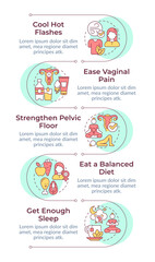 Menopause prevention infographic vertical sequence. Age changes. Gynecological treatment. Visualization infochart with 5 steps. Circles workflow. Montserrat SemiBold, Lato Regular fonts used