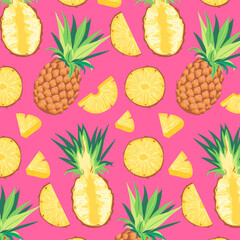 Tropical Pineapple Seamless Pattern. Summer Fruit Background. Vector Illustrations. Pineapple slice, whole fruit, half fruit, small piece. Pink Background
