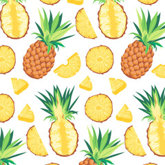Tropical Pineapple Seamless Pattern. Summer Fruit Background. Vector Illustrations. Pineapple slice, whole fruit, half fruit, small piece. White Background
