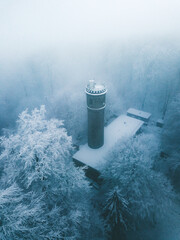 Fairy tale tower in a winter forest