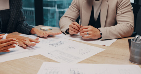 Business people, hands or meeting with documents for architecture project, design or layout. Group,...