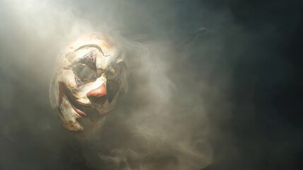 Masked Mystery: A chilling image unveils a haunting porcelain mask amidst dense fog, its expression ambiguous and unsettling, hinting at untold tales and hidden identities.