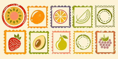 Collection of hand drawn fruit illustrations in colorful postage stamp frames on a cream background