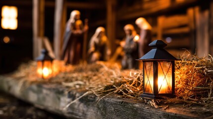 Warmly lit nativity scene with figures in a rustic setting, surrounded by hay and soft illumination
