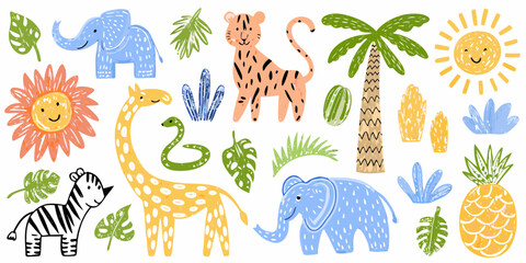 Cute cartoon jungle animals and tropical plants in a playful hand drawn style