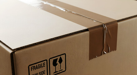 Close-up of Sealed Cardboard Box, Realistic close-up of a cardboard box sealed with brown tape, ideal for shipping, packaging, and delivery themes.