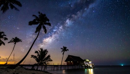 Tropical night sky with Milky Way over a pier hut
