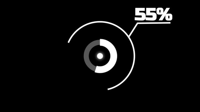 Loading icon animation 55% circle. white 55% percent circle round donut chart infographic .Infographic Element with Alpha Channel 4k video royalty on black background.