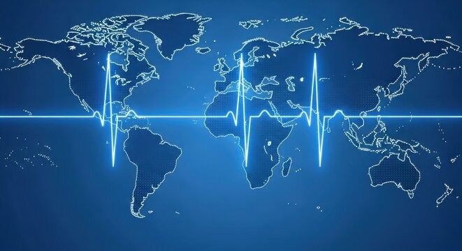Global pulse concept world map with digital heartbeat overlay