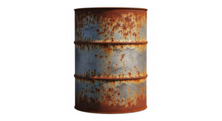 A rusty, weathered metal barrel isolated on a transparent background, showing signs of decay and age