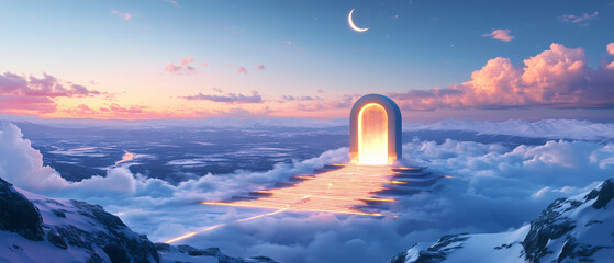 Monumental surreal architecture: vast luminous steps leading skyward to a wide arched doorway glowing like a celestial portal