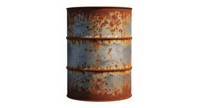 A rusty, weathered metal barrel isolated on a transparent background, showing signs of decay and age