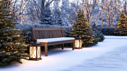 Serene winter scene featuring a snow-covered bench surrounded by decorated trees and glowing lanterns