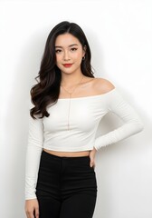 Fototapeta premium Young Woman in Off-the-Shoulder Top and Black Pants.