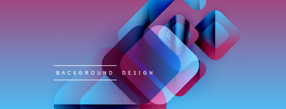 Abstract geometric shapes overlap, creating vibrant blue, purple gradients. Modern design elements suggest technology, innovation. Background features text labels.