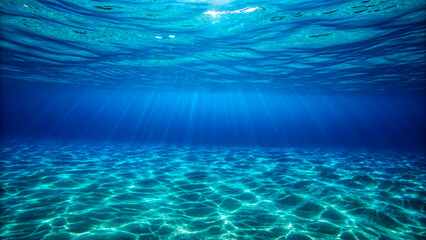 Vibrant underwater scene with sunlight rays illuminating the sandy ocean floor, serene beauty