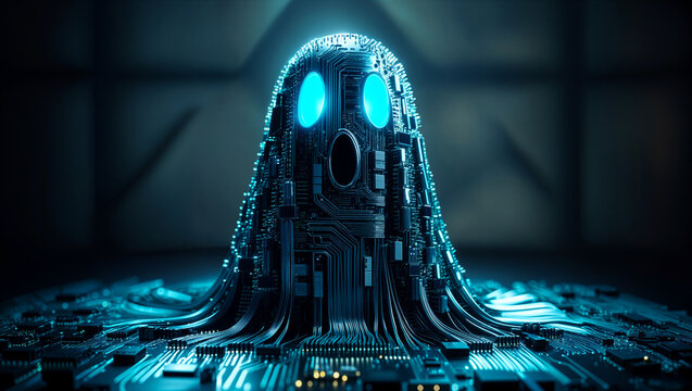 Glowing blue circuit ghost emerges in the dark on Halloween, illuminating technology and mystery