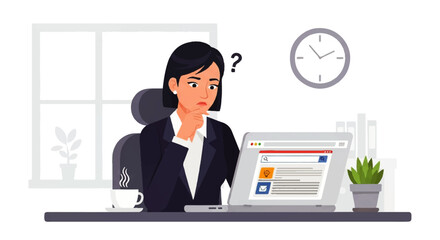Confused woman at desk with laptop, question mark above head, clock on wall.