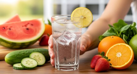 Refreshing summer beverage held amidst a variety of colorful fruits