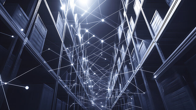 Digital network connections in a server room with illuminated data pathways and structured cabling