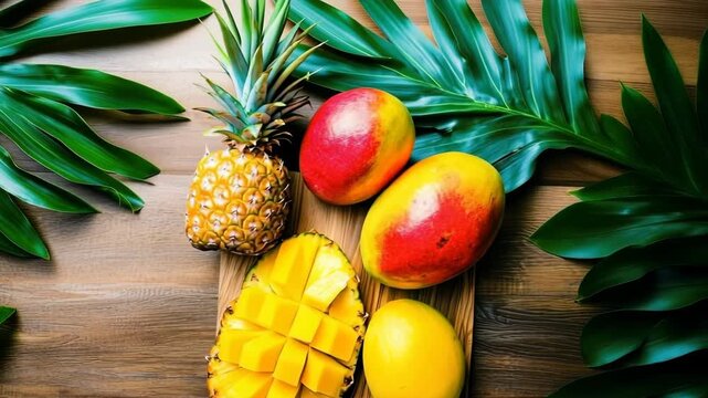 Tropical mango and pineapple arrangement on wooden table