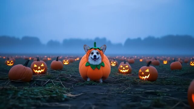 Cute Corgi dog in a pumpkin costume in a spooky pumpkin patch. Halloween fun, pet lifestyle, autumn celebration, animal humor, holiday content, family, and festive marketing.