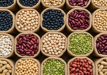 Top-Down Grid of Assorted Dry Legumes in Burlap Sacks &ndash; Rustic Market Style Food Photography