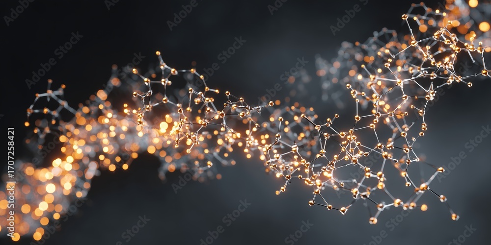 Poster abstract molecular structure with glowing particles in a dark background showcasing scientific innov