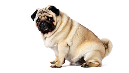 Obraz premium Cute Pug Dog Sitting on White Background: Purebred Fawn Puppy with Head Tilt