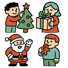 Children decorating Christmas tree, holding gift, Santa Claus waving, boy eating gingerbread